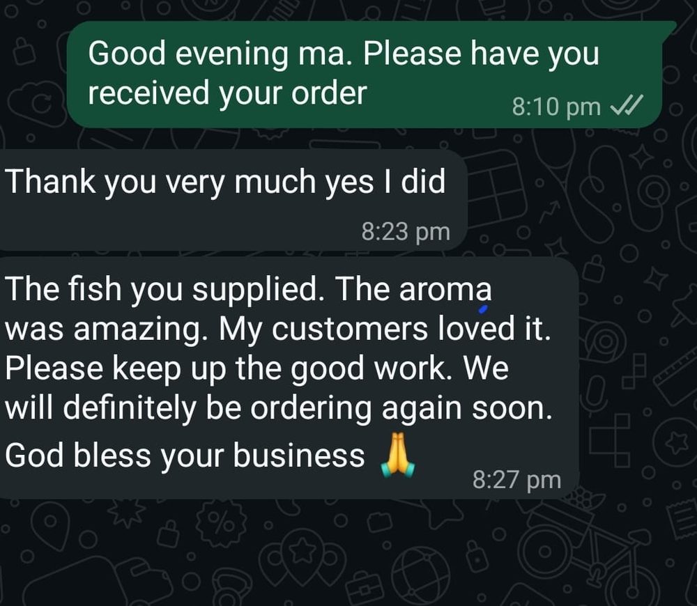 Customer WhatsApp review — very clean, tasty and very dry